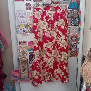 VTG 90s Y2K Koret 12 L Red Floral Tropical Beach Button Up Rayon Long Skirt